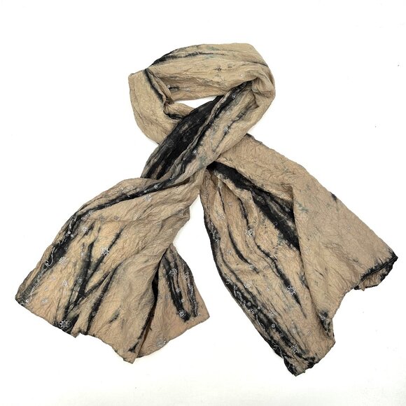 EILEEN FISHER Beige Black Silver Metallic Tie Dye Textured Fall Wrap Scarf - Picture 1 of 3